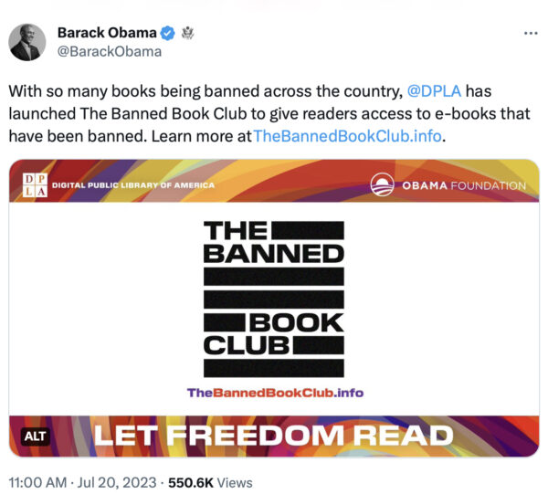 Tweet of Banned Book Club by President Barak Obama