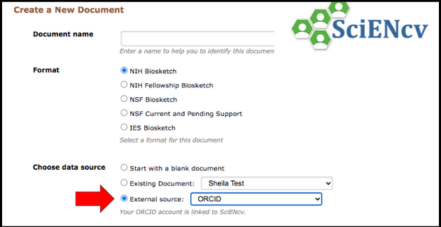 Figure 2: An example of how researchers can select ORCID as an external source to import data from ORCID to SciENcv (Step 1)