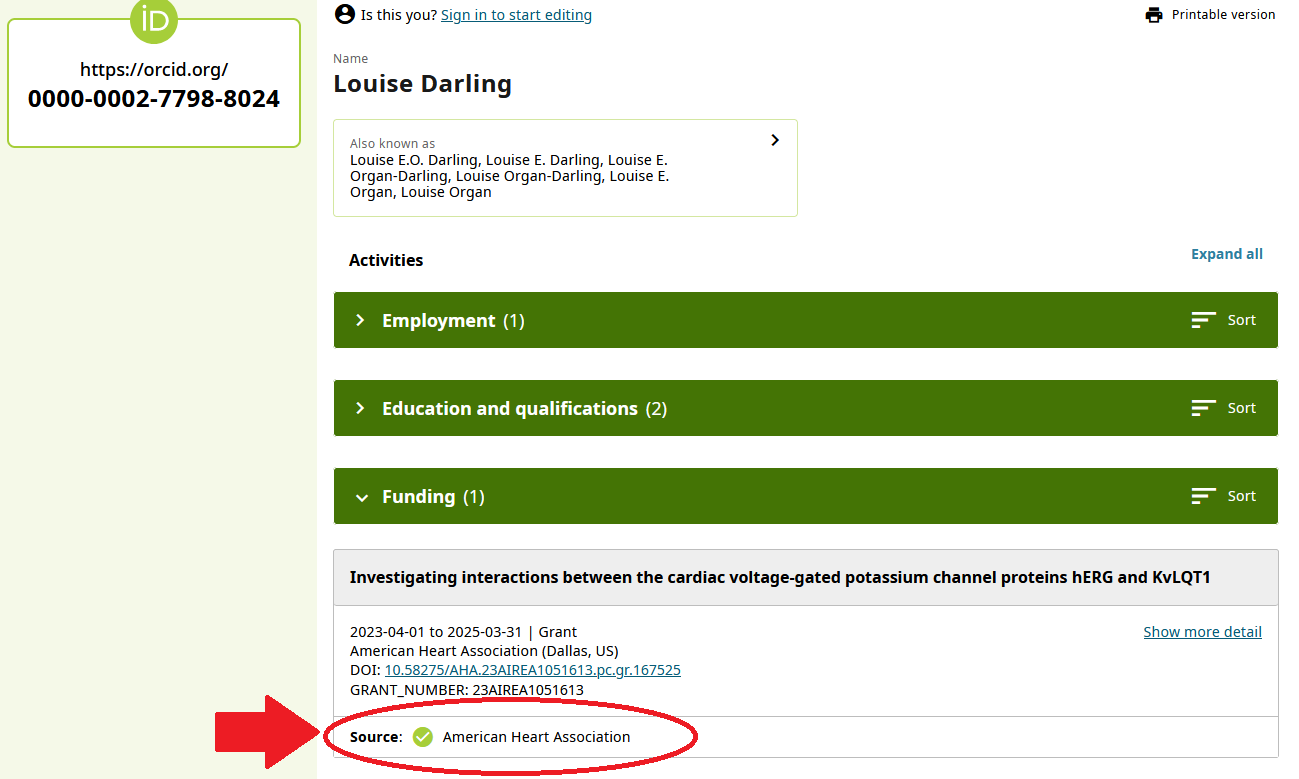 Figure 4: An example of how funding awards will appear in a researcher’s ORCID record when added by a funding agency using the ORCID member API