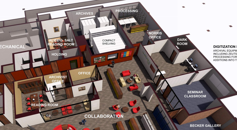 The new concept for the archives space, designed by Lyrasis consultants and project architects.